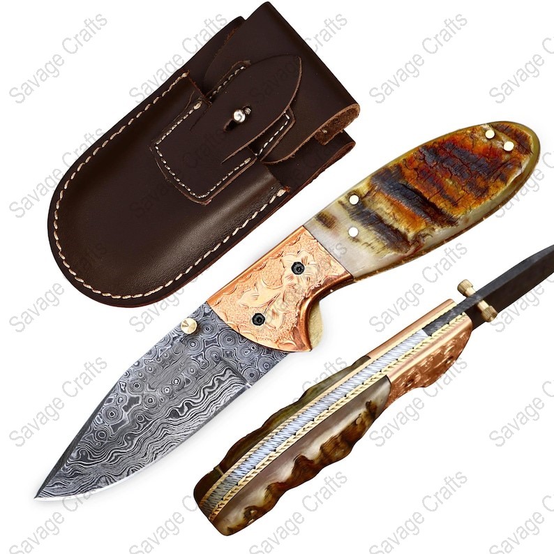 7.5″ Handmade Damascus Steel Folding/Pocket Knife – Ram Horn
