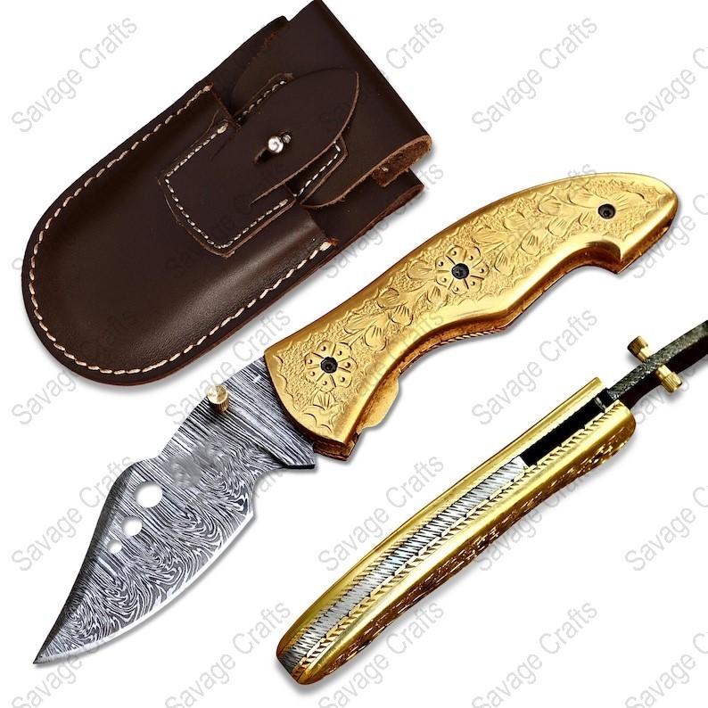 7.5″ Handmade Damascus Steel Folding/Pocket Knife – Brass Handle