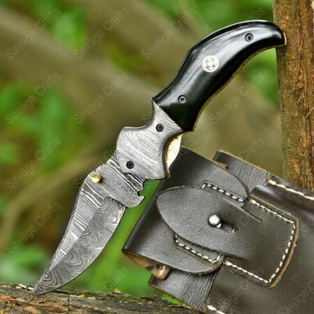 7.5″ Handmade Damascus Steel Folding/Pocket Knife – Horn Handle