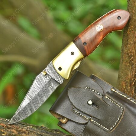 7.5″ Handmade Damascus Steel Folding/Pocket Knife – Wood Handle