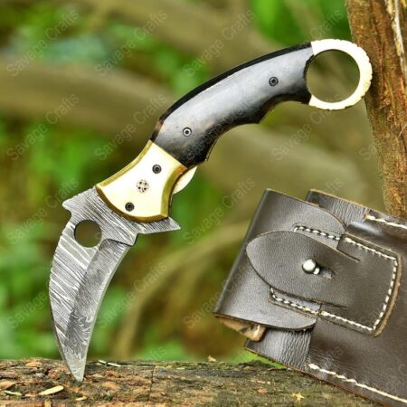 9″ Handmade Damascus Steel Karambit Folding/Pocket Knife – Bone Handle