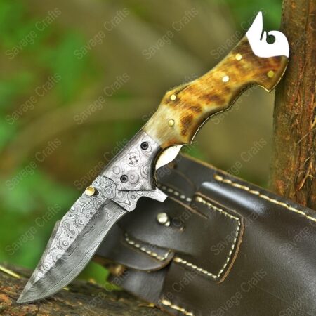 9″ Handmade Damascus Steel Folding/Pocket Knife – Ram Horn