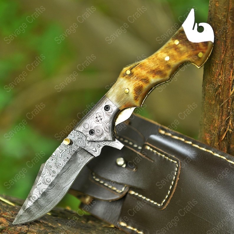 9″ Handmade Damascus Steel Folding/Pocket Knife – Ram Horn
