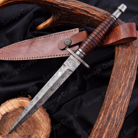 12″ Damascus Steel Stiletto Dagger – Wood Handle