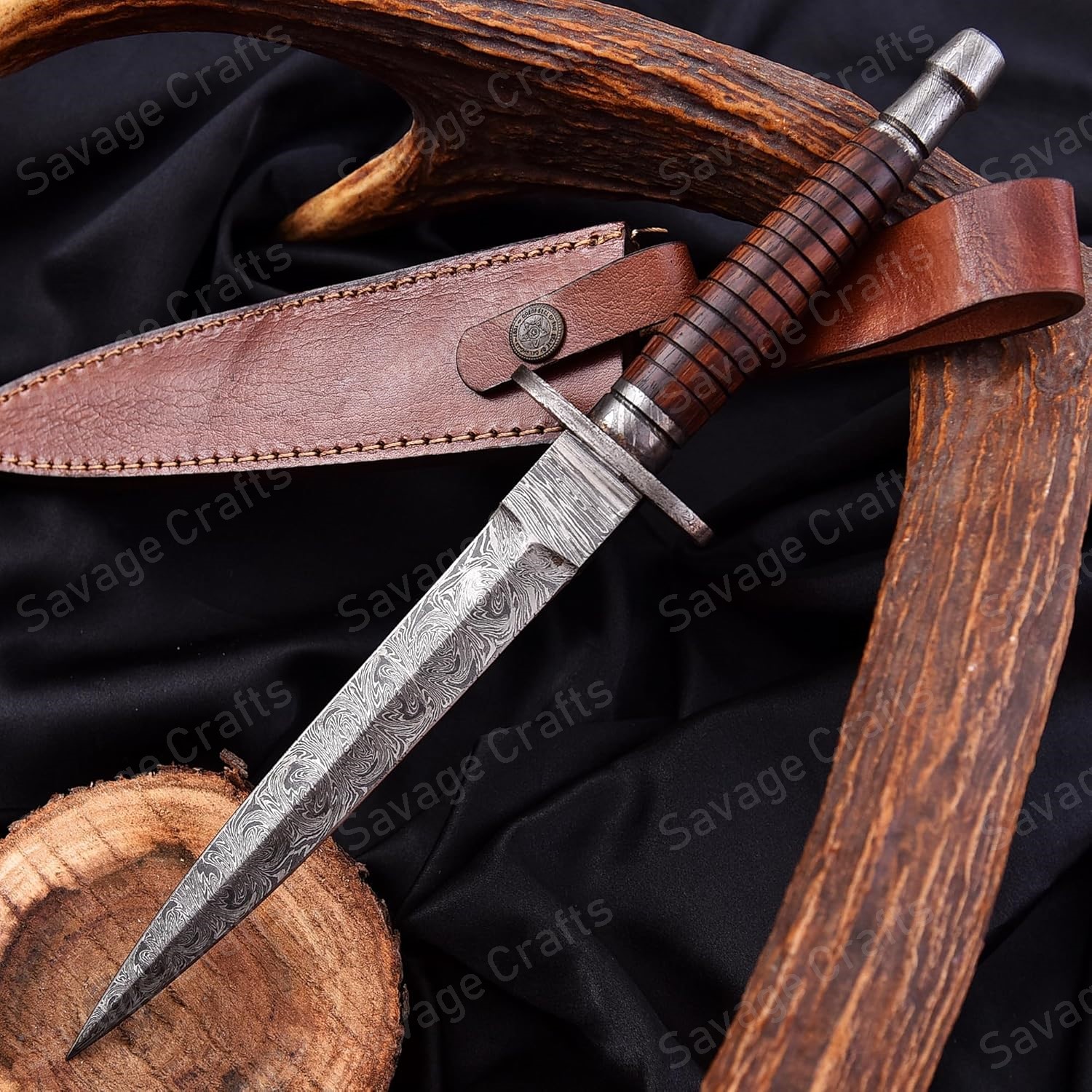 12″ Damascus Steel Stiletto Dagger – Wood Handle