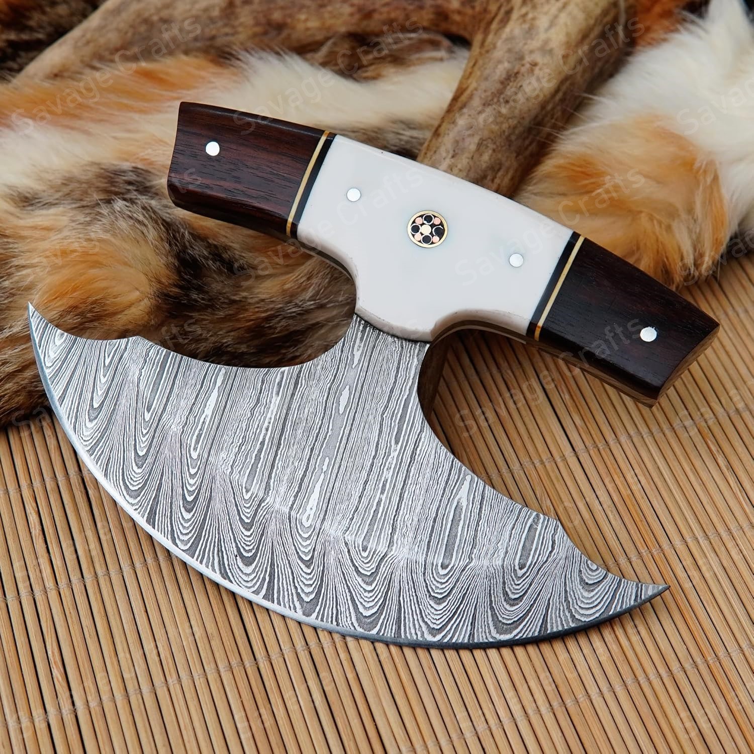 6″ Damascus Steel Ulu Knife – Wood & Resin handle