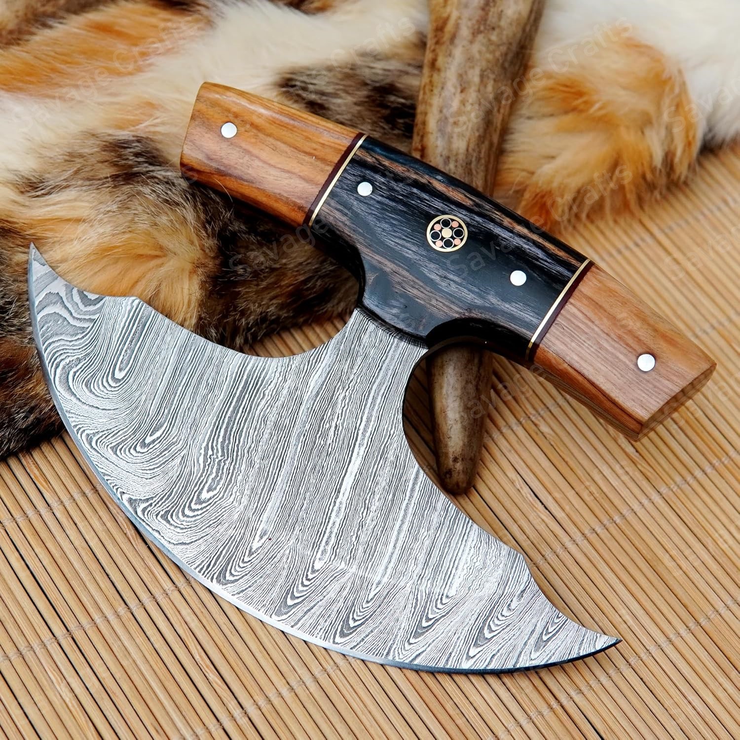 6″ Damascus Steel Ulu Knife – Wood handle