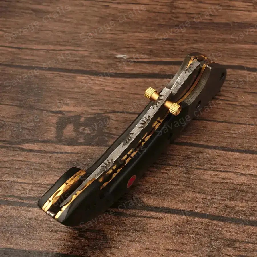 7.25″ Handmade Damascus Steel Folding/Pocket Knife – Horn Handle - Image 7