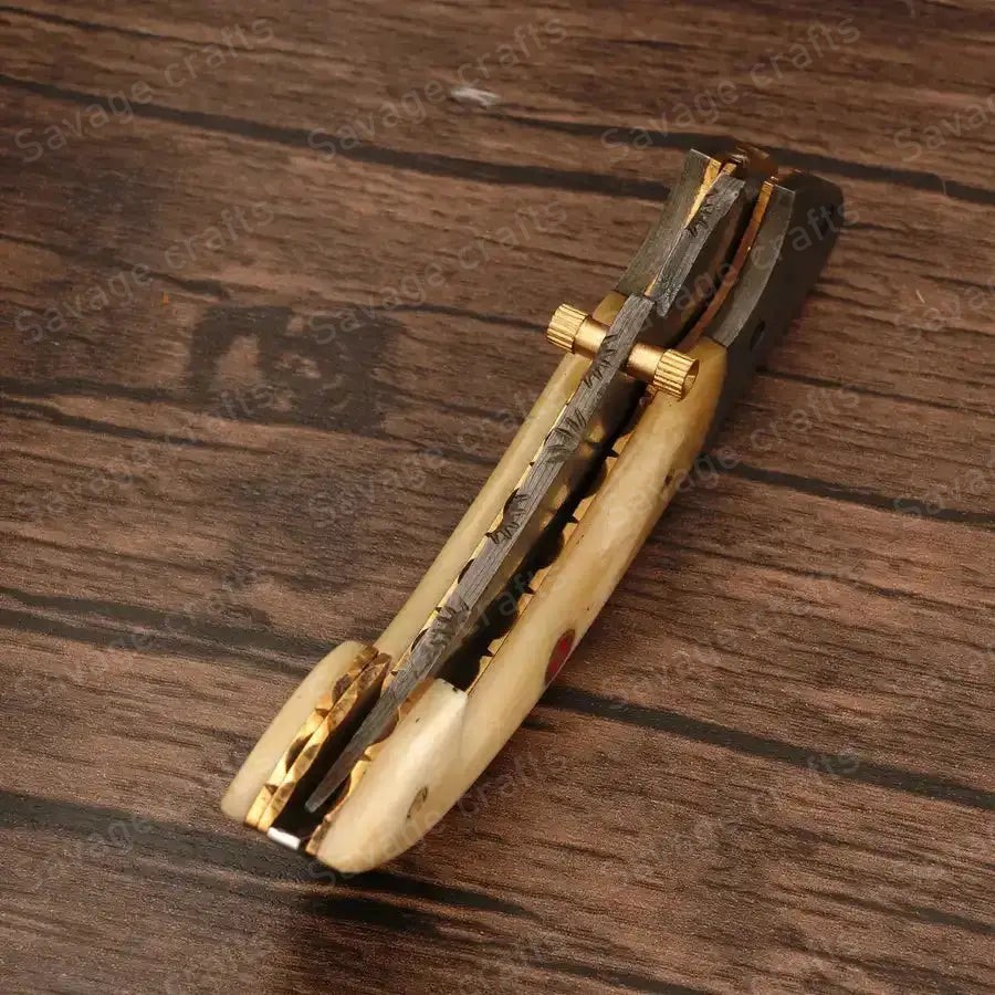 7.25″ Handmade Damascus Steel Folding/Pocket Knife – Bone Handle - Image 5