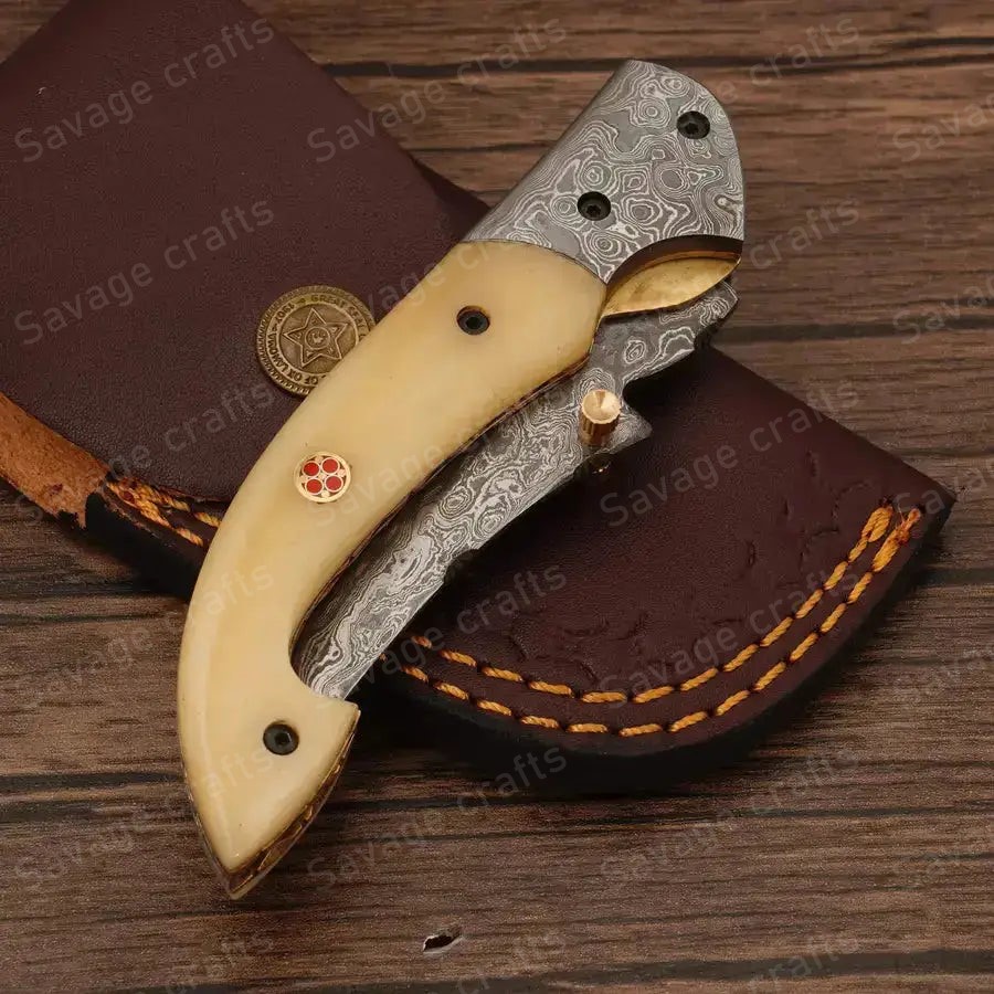 7.25″ Handmade Damascus Steel Folding/Pocket Knife – Bone Handle - Image 4