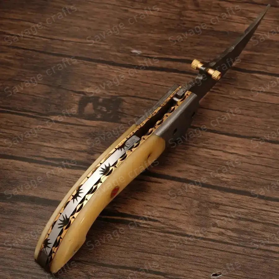 7.25″ Handmade Damascus Steel Folding/Pocket Knife – Bone Handle - Image 3