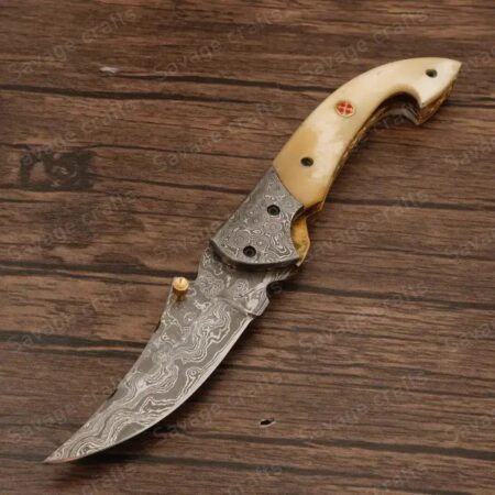 7.25″ Handmade Damascus Steel Folding/Pocket Knife – Bone Handle