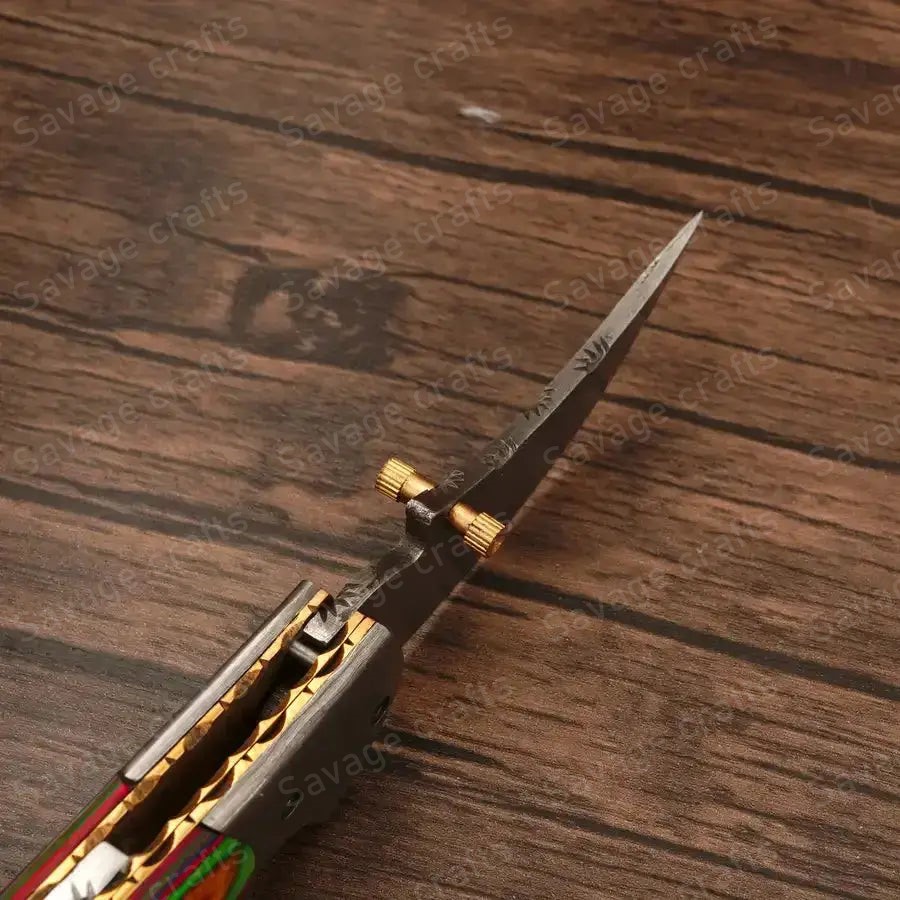 7.25″ Handmade Damascus Steel Folding/Pocket Knife – Wood Handle - Image 6