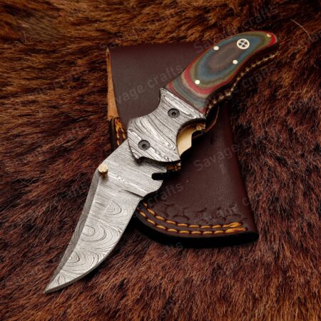 7.5″ Handmade Damascus Steel Folding/Pocket Knife – Micarta Handle