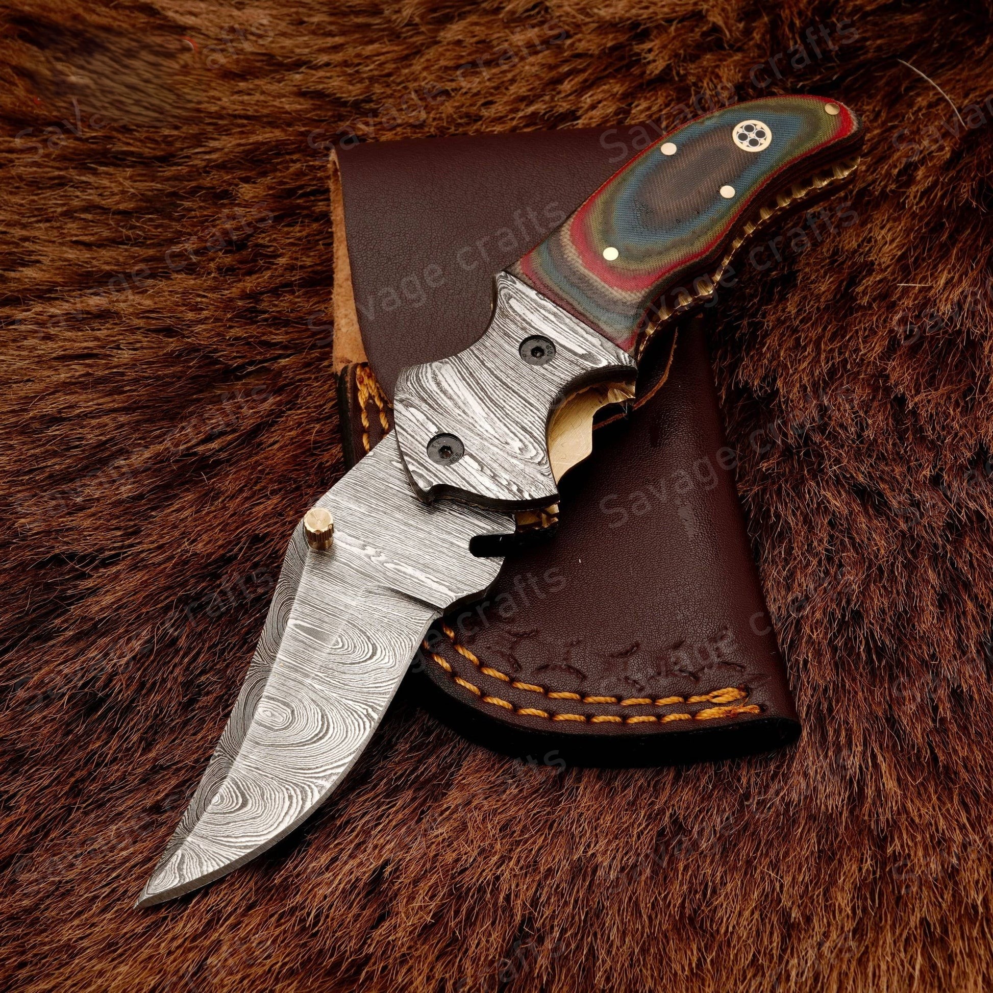 7.5″ Handmade Damascus Steel Folding/Pocket Knife – Micarta Handle