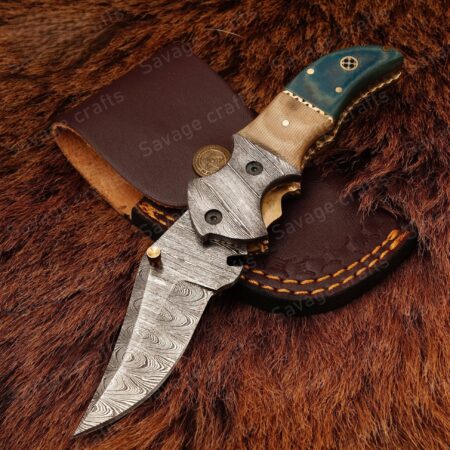7.5″ Handmade Damascus Steel Folding/Pocket Knife – Micarta Handle