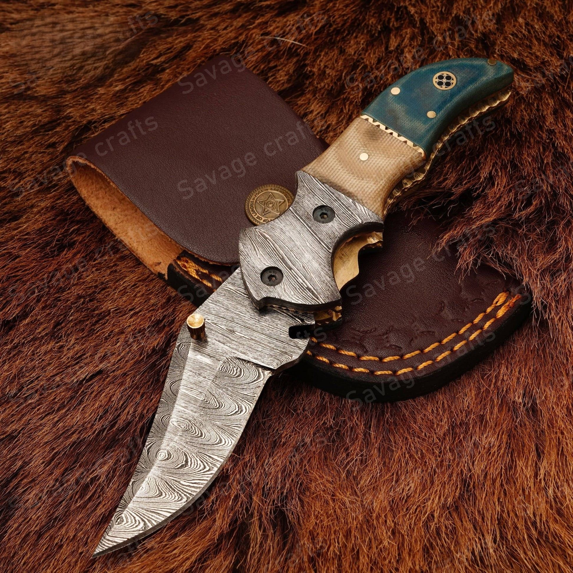 7.5″ Handmade Damascus Steel Folding/Pocket Knife – Micarta Handle