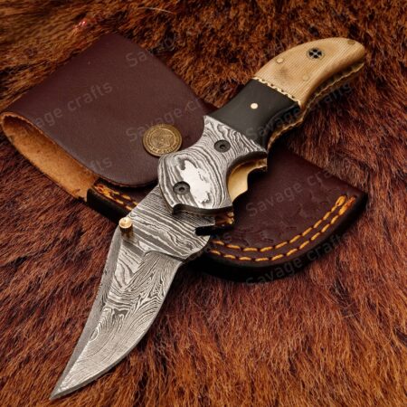 7.5″ Handmade Damascus Steel Folding/Pocket Knife – Micarta & Horn