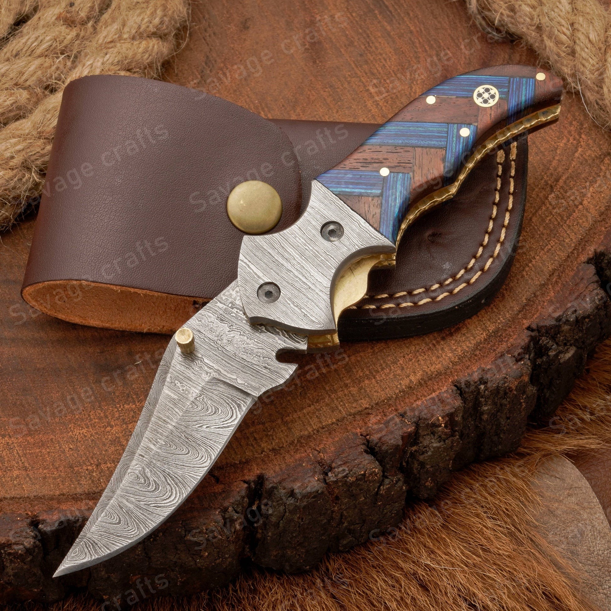 7.5″ Handmade Damascus Steel Folding/Pocket Knife – Wood Handle