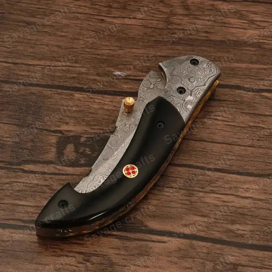 7.25″ Handmade Damascus Steel Folding/Pocket Knife – Horn Handle - Image 6