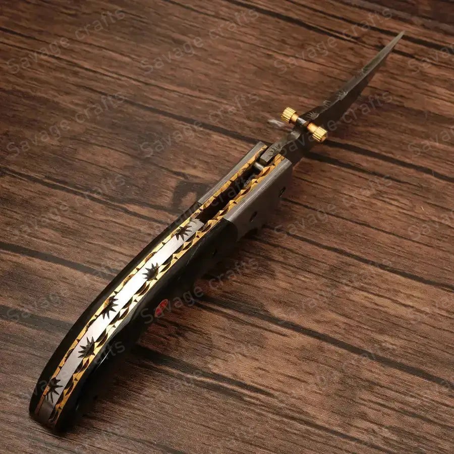 7.25″ Handmade Damascus Steel Folding/Pocket Knife – Horn Handle - Image 5