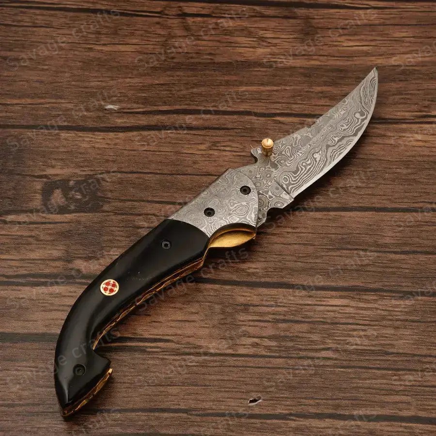 7.25″ Handmade Damascus Steel Folding/Pocket Knife – Horn Handle - Image 4