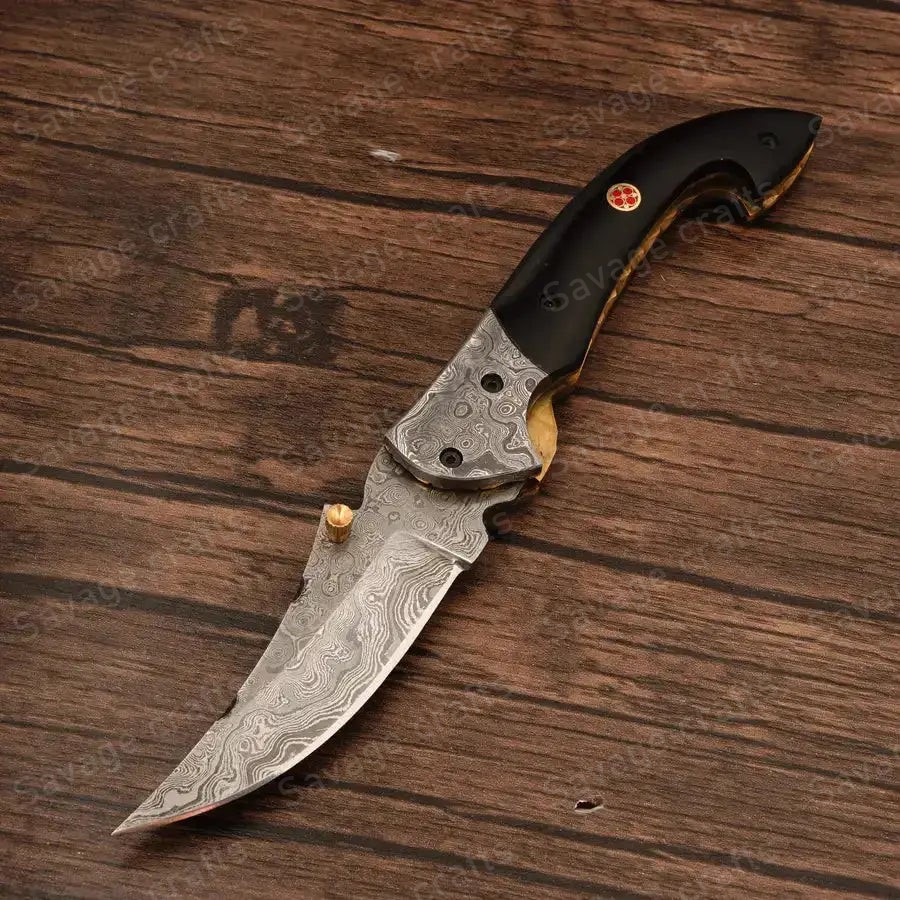 7.25″ Handmade Damascus Steel Folding/Pocket Knife – Horn Handle