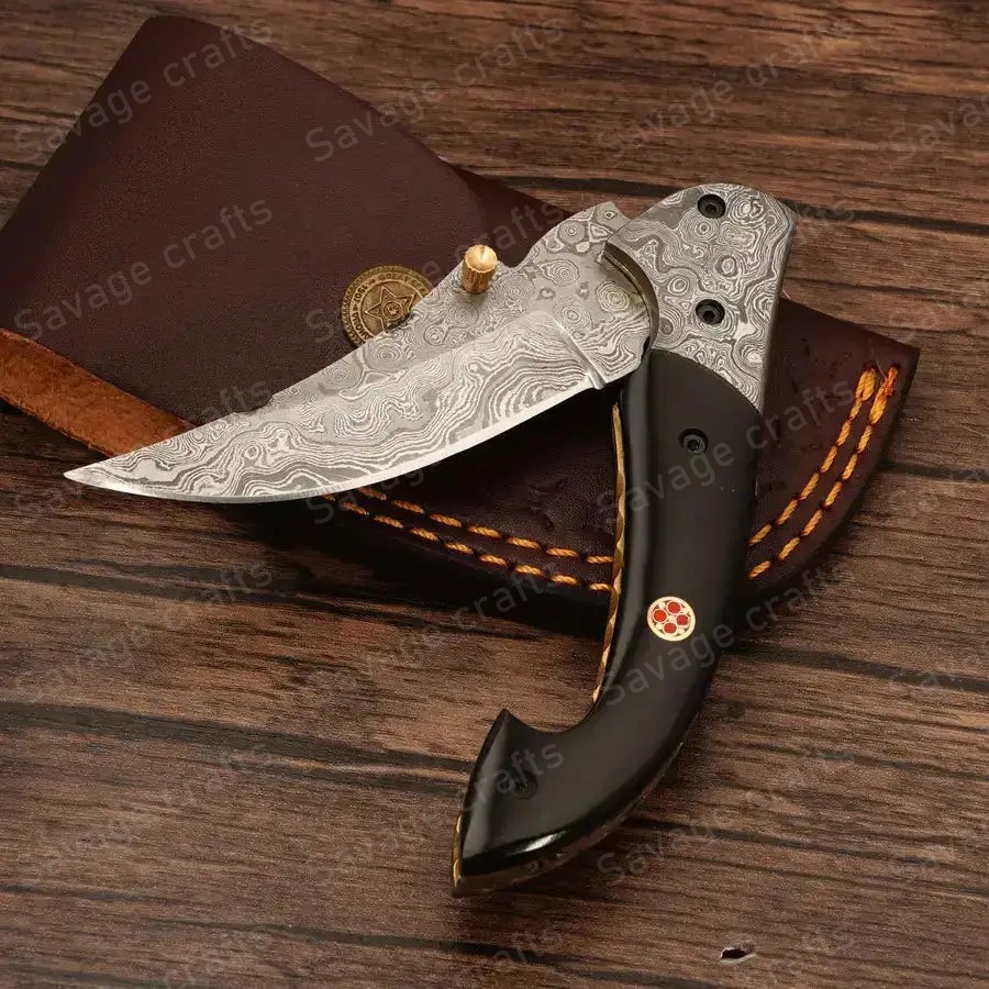 7.25″ Handmade Damascus Steel Folding/Pocket Knife – Horn Handle - Image 3