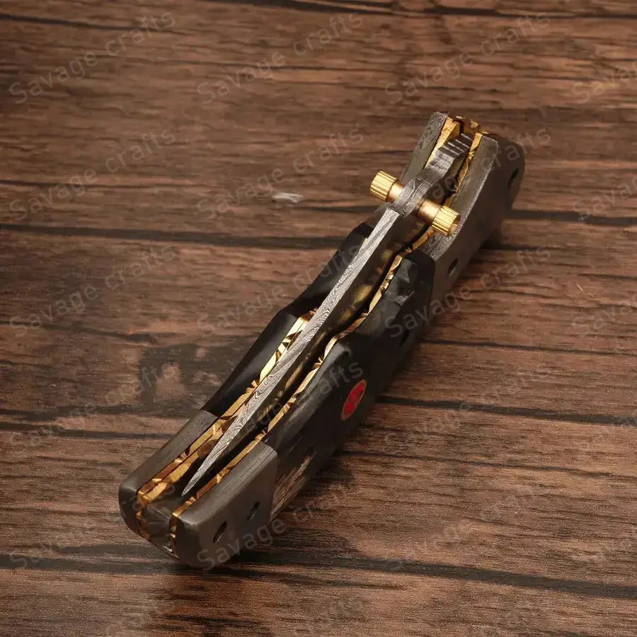 7.5″ Handmade Damascus Steel Folding/Pocket Knife – Horn Handle - Image 4