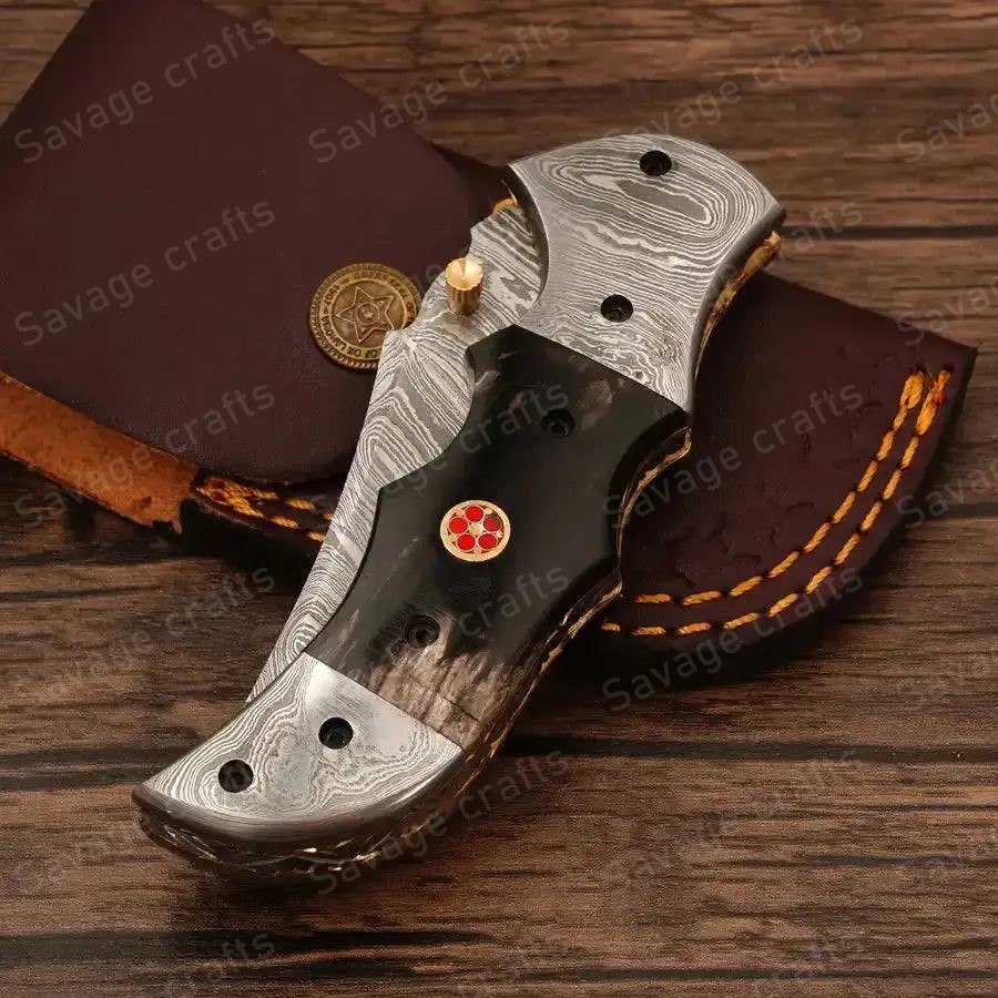 7.5″ Handmade Damascus Steel Folding/Pocket Knife – Horn Handle - Image 5
