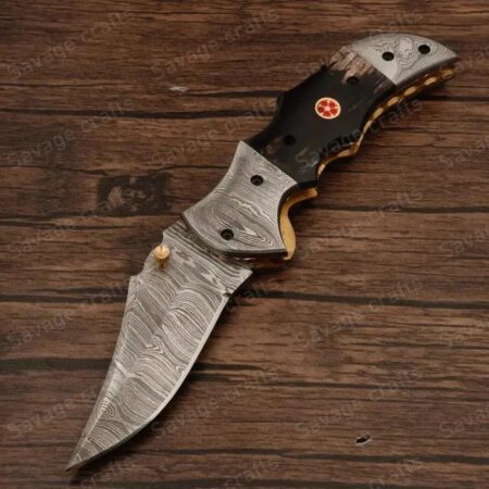 7.5″ Handmade Damascus Steel Folding/Pocket Knife – Horn Handle