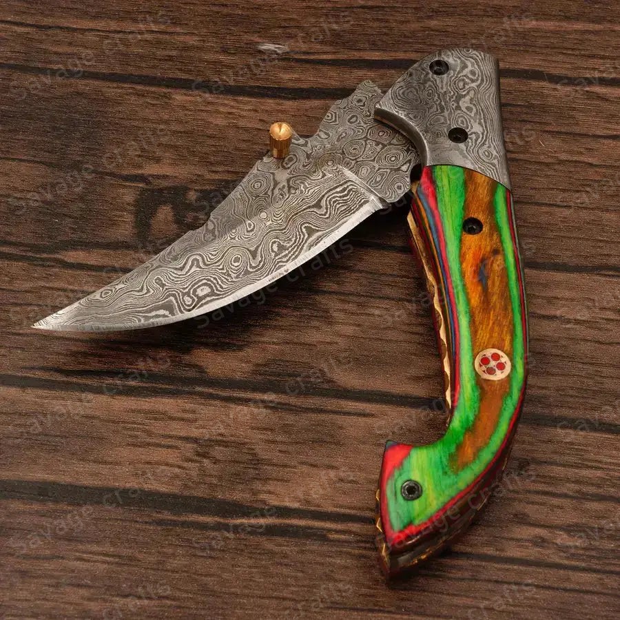 7.25″ Handmade Damascus Steel Folding/Pocket Knife – Wood Handle - Image 3