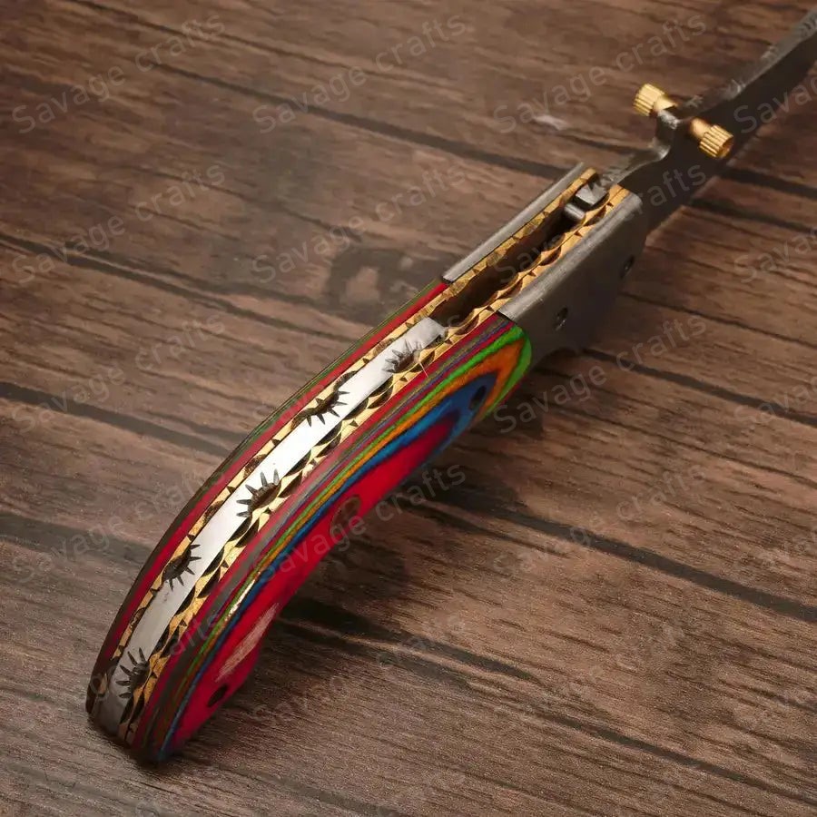 7.25″ Handmade Damascus Steel Folding/Pocket Knife – Wood Handle - Image 4