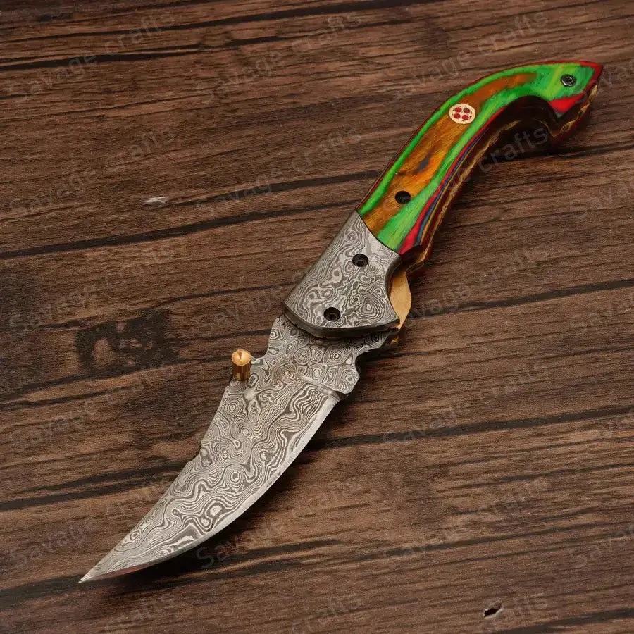 7.25″ Handmade Damascus Steel Folding/Pocket Knife – Wood Handle