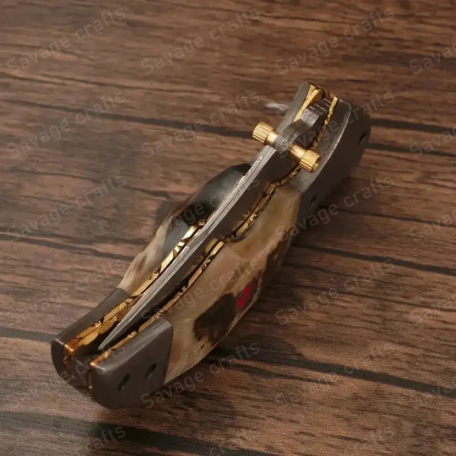 7.5″ Handmade Damascus Steel Folding/Pocket Knife – Horn Handle - Image 5