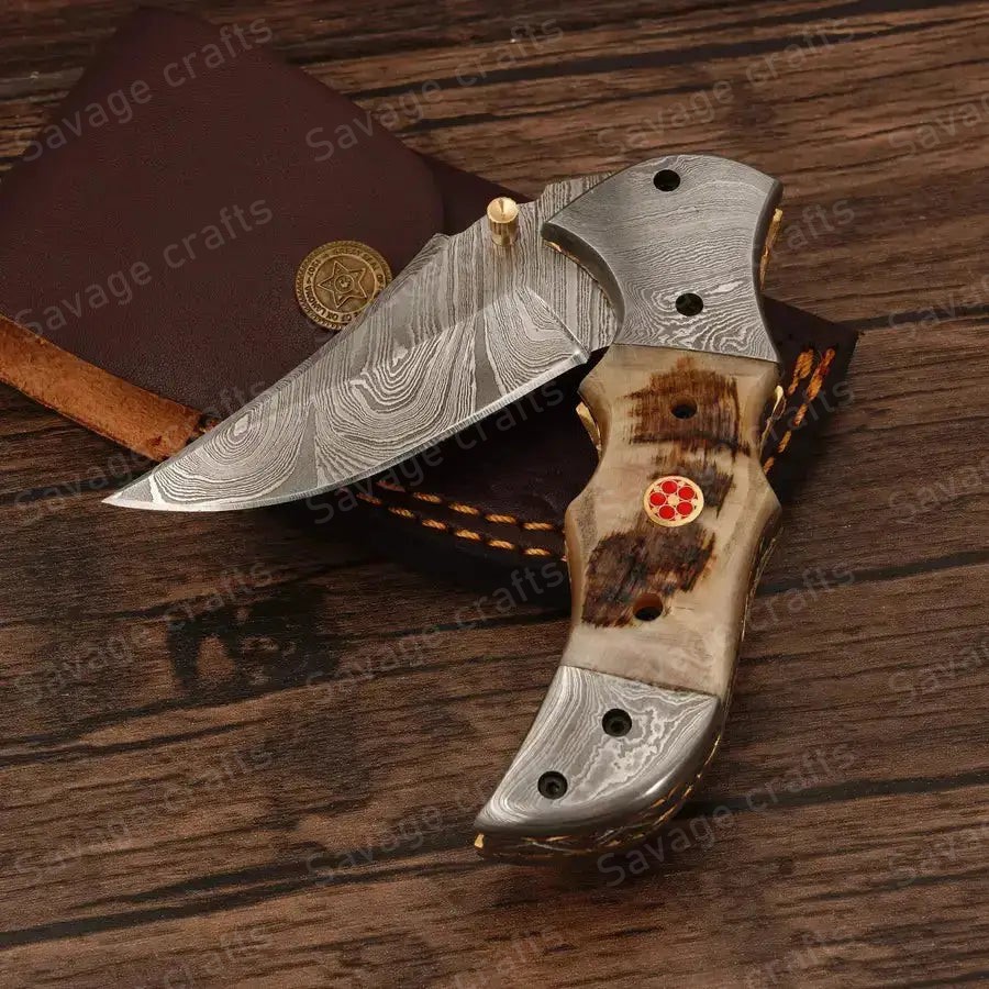 7.5″ Handmade Damascus Steel Folding/Pocket Knife – Horn Handle - Image 3