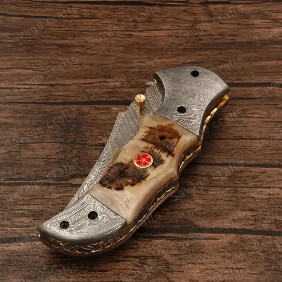 7.5″ Handmade Damascus Steel Folding/Pocket Knife – Horn Handle - Image 6