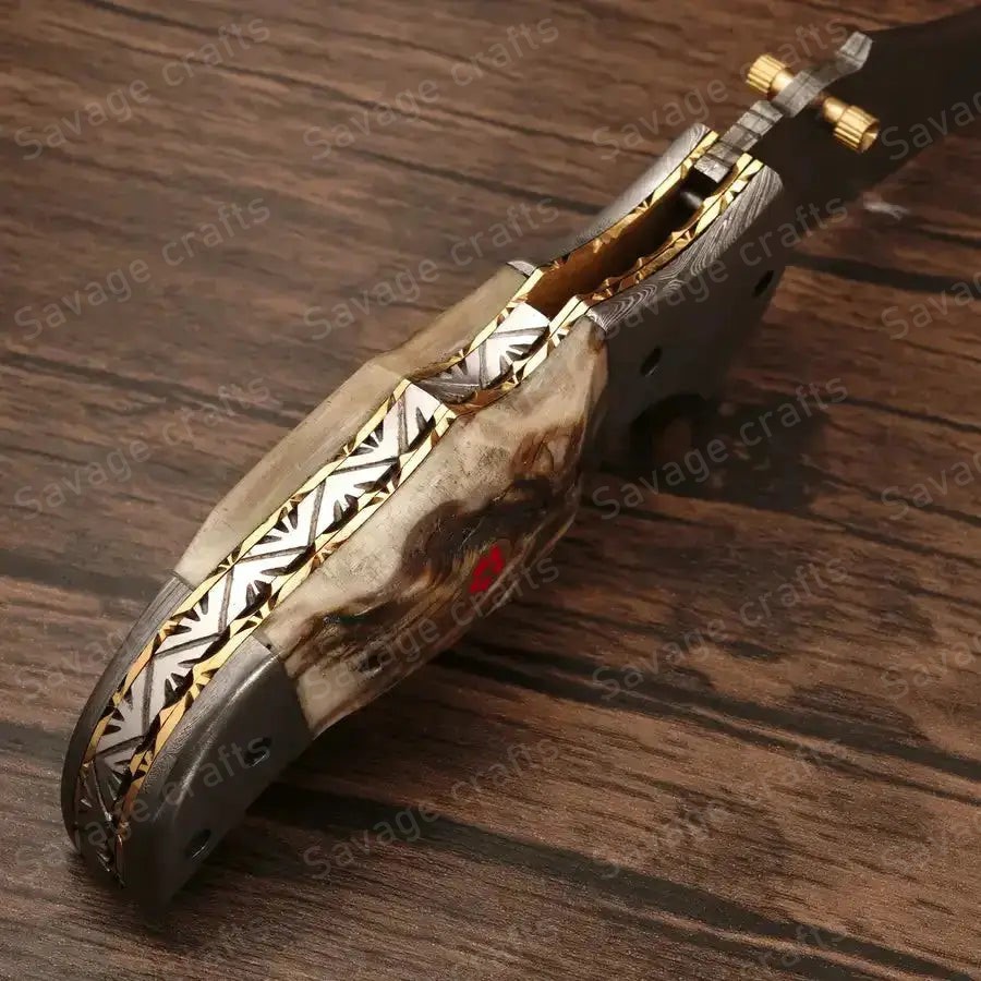 7.5″ Handmade Damascus Steel Folding/Pocket Knife – Horn Handle - Image 4