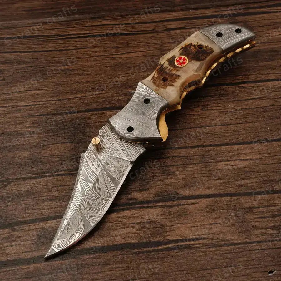 7.5″ Handmade Damascus Steel Folding/Pocket Knife – Horn Handle