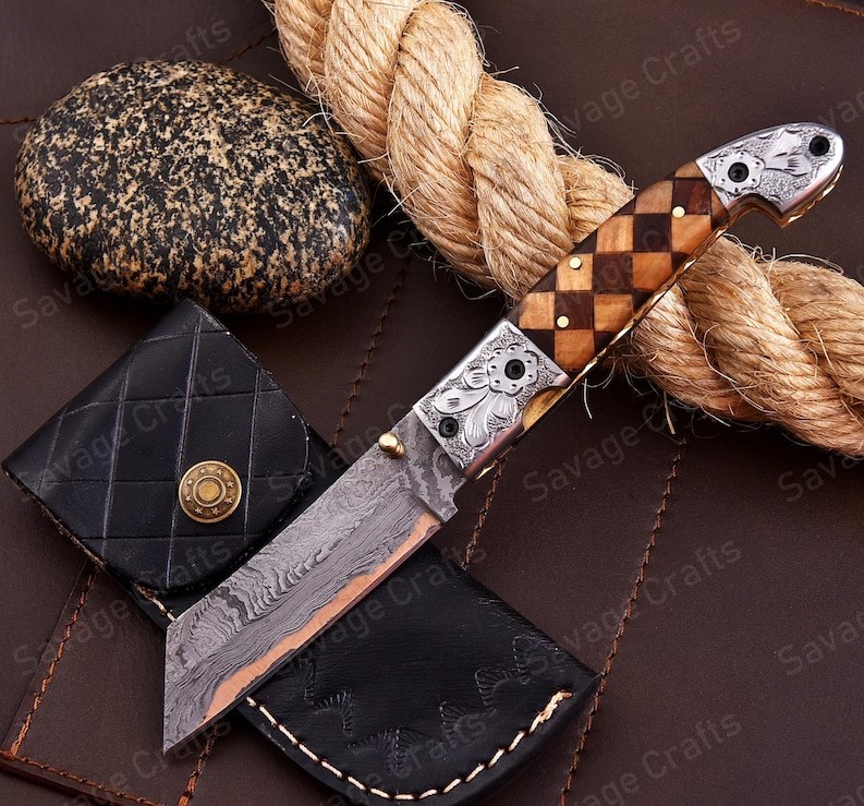 7.5″ Handmade Copper Damascus Steel Folding/Pocket Knife – Wood Handle