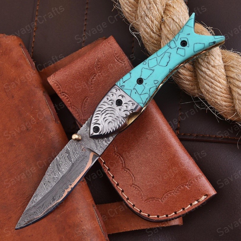 8″ Handmade Copper Damascus Steel Folding/Pocket Knife – Resin Handle
