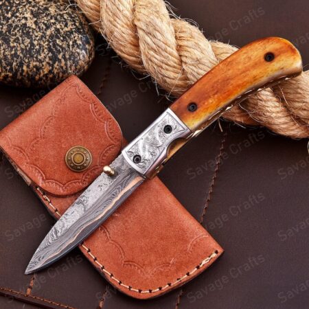 7.5″ Handmade Copper Damascus Steel Folding/Pocket Knife – Bone Handle