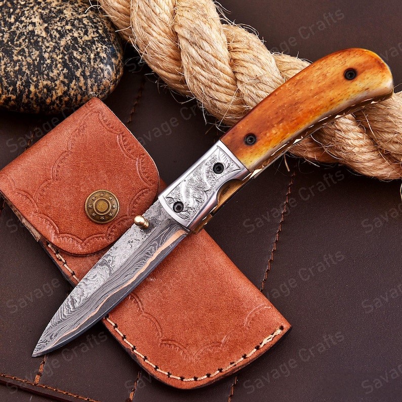 7.5″ Handmade Copper Damascus Steel Folding/Pocket Knife – Bone Handle