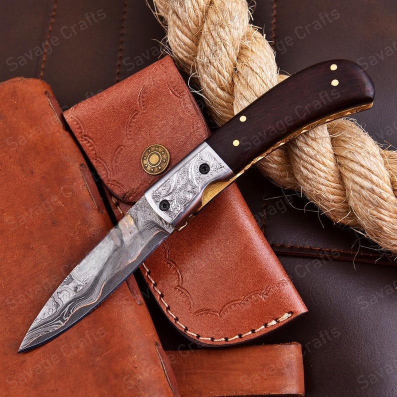 7.5″ Handmade Copper Damascus Steel Folding/Pocket Knife – Wood Handle