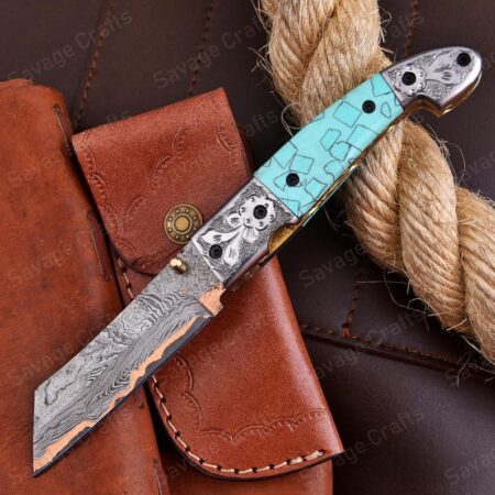 7.5″ Handmade Copper Damascus Steel Folding/Pocket Knife – Resin Handle