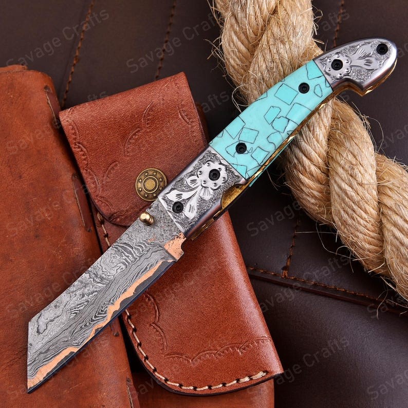 7.5″ Handmade Copper Damascus Steel Folding/Pocket Knife – Resin Handle