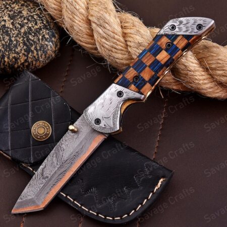 7.5″ Handmade Copper Damascus Steel Folding/Pocket Knife – Wood Handle