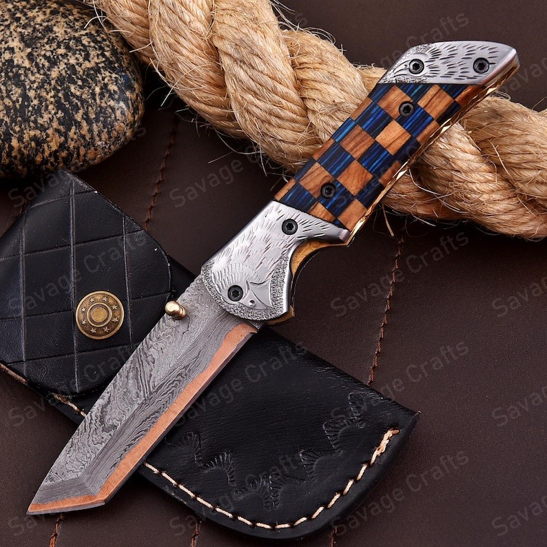7.5″ Handmade Copper Damascus Steel Folding/Pocket Knife – Wood Handle