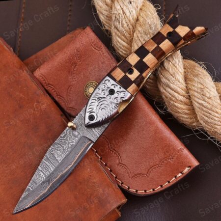 8″ Handmade Copper Damascus Steel Folding/Pocket Knife – Wood Handle