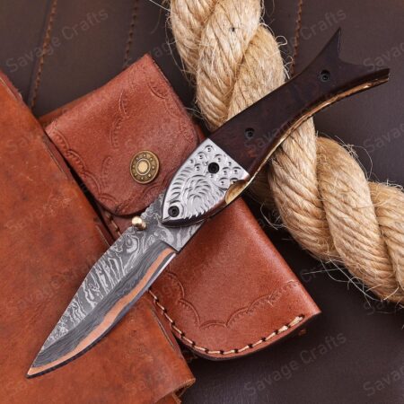 8″ Handmade Copper Damascus Steel Folding/Pocket Knife – Wood Handle